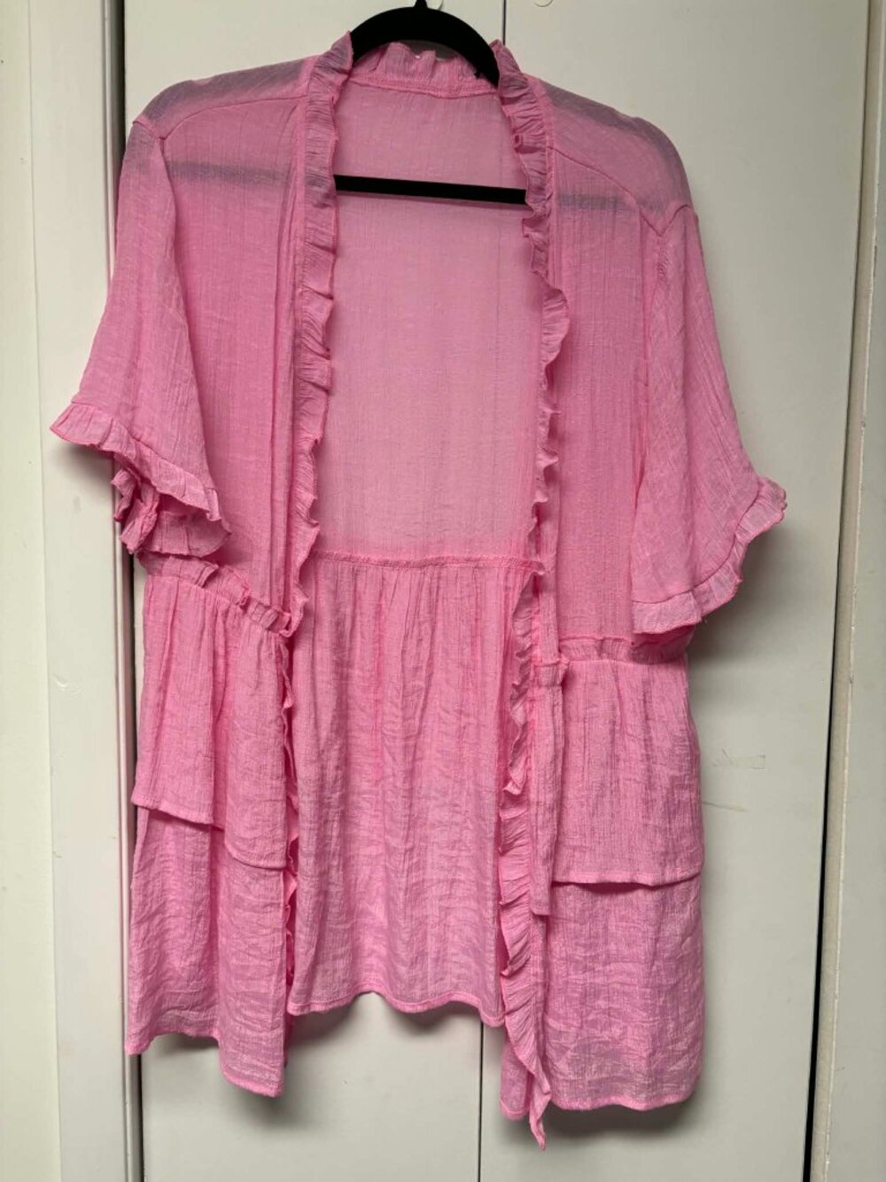 Short Sleeve Pink Ruffle Open kimono Cardigan
